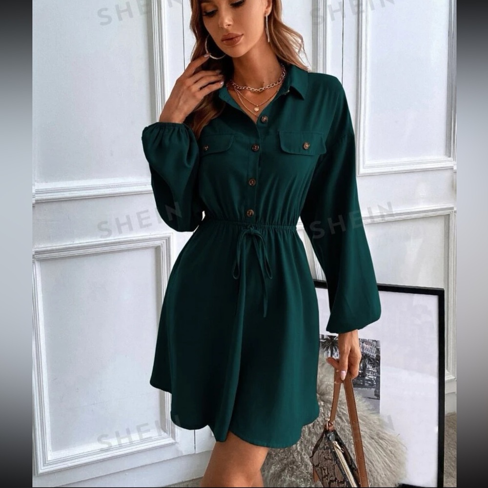 Dark green lantern sleeve shirt dress